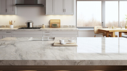Front view of white granite kitchen countertop island for montage product display on modern Scandinavian kitchen space.
