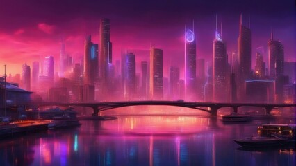 Futuristic night city. Cityscape on a colorful background with bright and glowing neon lights. Wide city front perspective view.