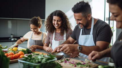 Happy Hispanic family having fun cooking together in modern kitchen - Food and parents unity concept