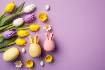 Easter decorations concept. Top view photo of colorful easter eggs ceramic bunny yellow and pink tulips on isolated pastel violet background with empty, Generative AI