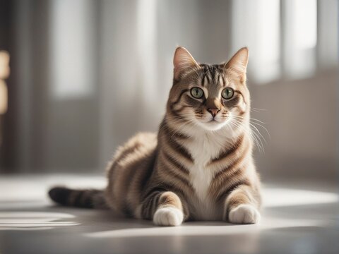 The cat looks to the side and sits on the tiled floor. Portrait of a funny kitten, close up.