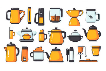 Kitchen tools. Kitchenware, cooking baking utensils. Doodle ceramic kettle, spatula and glass. Isolated modern household elements illustration set