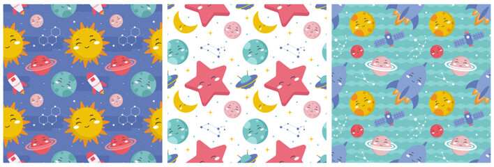 Set of Smile Seamless Pattern Design Illustration with Smiling Character and Happiness Face in Template Hand Drawn Flat Cartoon