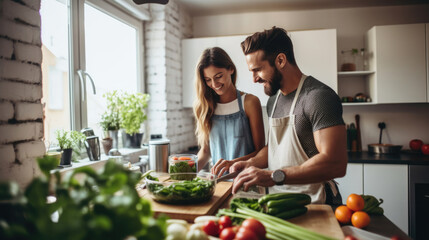 Couple cooking lunch at home and preparing delicious food. - obrazy, fototapety, plakaty