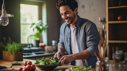 Young man cooking lunch at home. Handsome man preparing delicious food.