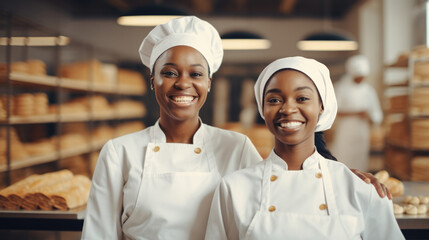 Smiling African female bakers looking at camera..Chefs baker in a chef dress and hat, cooking together in kitchen.Team of professional cooks in uniform preparing meals for a restaurant in kitchen.