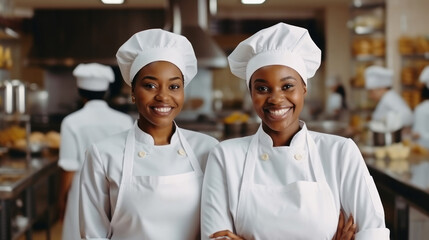 Smiling African female bakers looking at camera..Chefs baker in a chef dress and hat, cooking together in kitchen.Team of professional cooks in uniform preparing meals for a restaurant in kitchen.