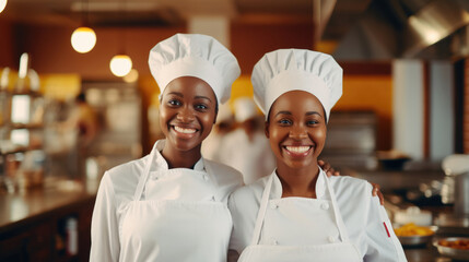 Smiling African female bakers looking at camera..Chefs baker in a chef dress and hat, cooking together in kitchen.Team of professional cooks in uniform preparing meals for a restaurant in kitchen.