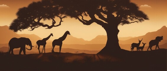 Fototapeta na wymiar African Wildlife with Deers, Elephants and Giraffes, safari illustration isolated
