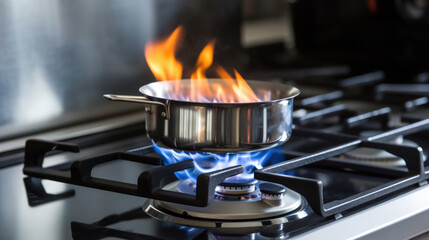 Stainless pan on the hob, cooking on a gas stove, the cost of gas