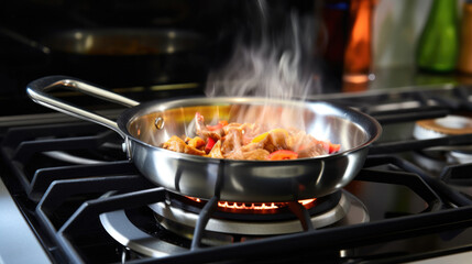Stainless pan on the hob, cooking on a gas stove, the cost of gas
