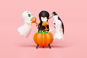 3d halloween holiday party with chef ghost, cute ghost, grim reaper hand holding scythe, cauldron, magic cup pumpkin, skeleton, skull, eye isolated on pink background. 3d render illustration