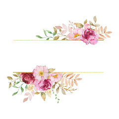 Frame banner golden geometric with watercolor autumn floral