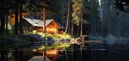 painting style illustration of beautiful wooden cabin home in forest at lakeside, Generative Ai