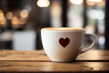 Obraz premium Close up white coffee cup with heart shape latte art on wood tab
