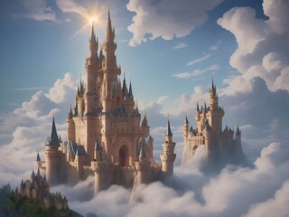 Enchanting fairytale castle floats amid sun-kissed clouds, adorned with intricate details. Soft sunlight filters through, exuding ethereal beauty. Perfect for a touch of enchantment in your projects
