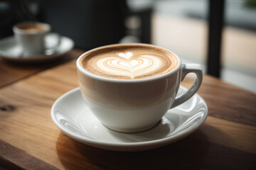 Close up white coffee cup with heart shape latte art on wood tab