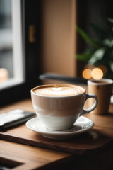 Close up white coffee cup with heart shape latte art on wood tab
