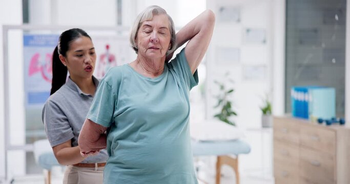 Physical therapy, elderly woman and stretching arms in recovery, exercise workout and healing injury. Physiotherapy, senior patient and chiropractor help in rehabilitation, wellness and body health
