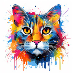 4K cat t-shirt design, cat face 2D flat vector design, contour, clear outline, watercolor themed, white background, high resolution