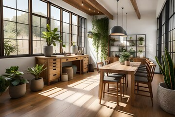 An inviting, zen-like space with an abundance of natural light pouring into the pottery studio. The courtyard is adorned with potted plants and succulents, enhancing the boho lux vibes. - obrazy, fototapety, plakaty