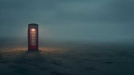A surreal landscape of a telephone booth situated  in a foggy landscape or desert. Haunting. Mysterious graphic asset. Fog and mist. - obrazy, fototapety, plakaty