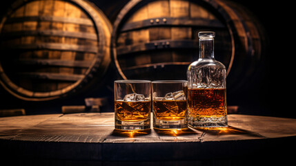A glass of whiskey in oak barrels
