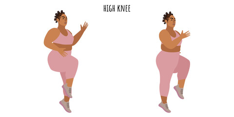 Young bodypositive woman doing high knee exercise