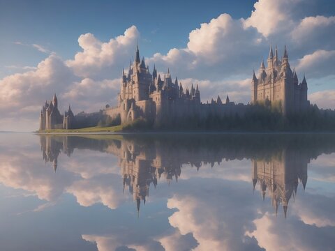 Envision a majestic castle half-submerged in fluffy clouds, casting a surreal reflection below. Gleaming spires and crystalline architecture contrast the softness, creating a dreamlike atmosphere.