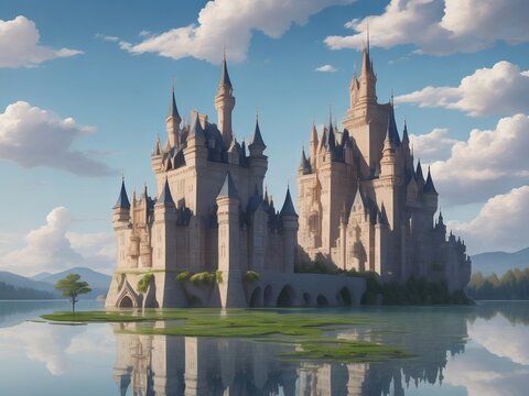Imagine an otherworldly castle, suspended above a tranquil cloud lake, its intricate balconies, gardens, and shimmering materials reflecting serenity and elegance.