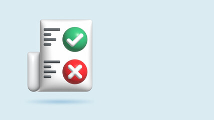 3d Realistic Illustration Checklist with file and folder with paper and chek marks and crosses