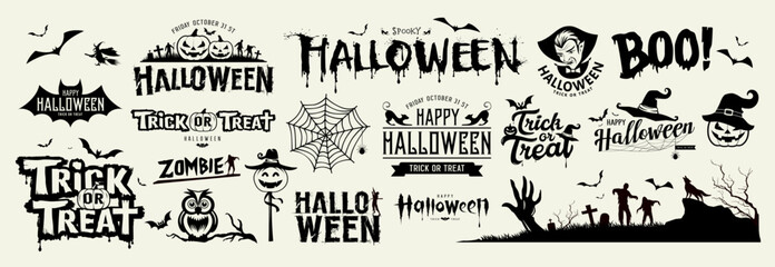 Happy Halloween black and white design collections isolated background, Eps 10 vector illustration
