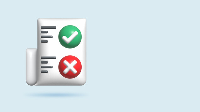 3d Realistic Illustration Checklist with file and folder with paper and chek marks and crosses