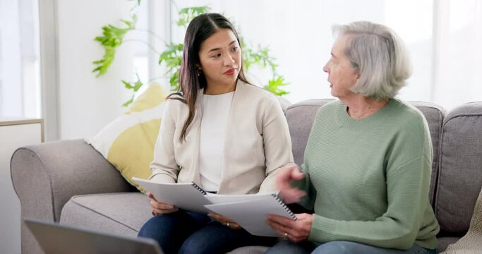 Senior woman, insurance agent and home documents in advice, questions and client support or planning for sign up. Advisor with elderly person on sofa and contract, pension and retirement information