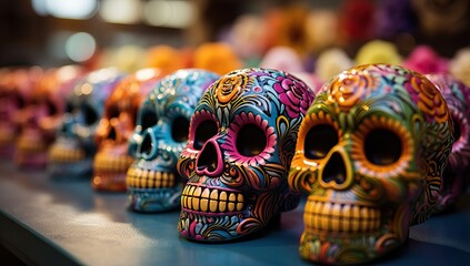Colorful sugar skulls in a souvenir shop. Day of the Dead.