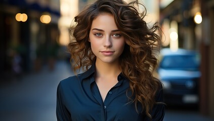 Obraz premium Portrait of beautiful young woman with curly hair in the city.