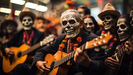 Traditional mexican sugar skull playing guitar at street parade