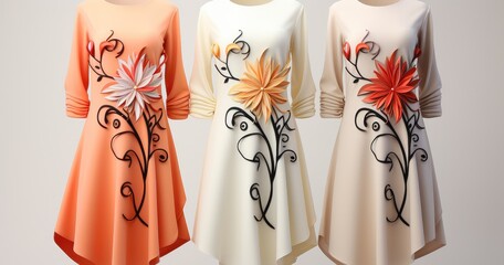 dresses with floral patterns in different colors, in the style of digital airbrushing, light white and amber, porcelain, turquoise and orange, flowing draperies, cottagecore, screen printing 