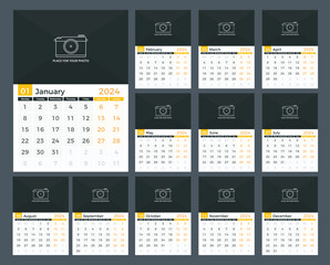 2024 Calendar template, week starts on Monday, a3 size, place for your photo, vector eps10 illustration