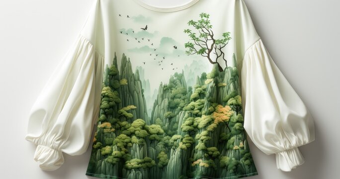 long green top with an image of trees, in the style of exotic fantasy landscapes, hyper-realistic animal illustrations, 3d, flowing fabrics, fictional landscapes, mountainous vistas, hand-painted deta