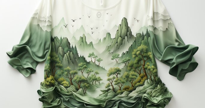 long green top with an image of trees, in the style of exotic fantasy landscapes, hyper-realistic animal illustrations, 3d, flowing fabrics, fictional landscapes, mountainous vistas, hand-painted deta