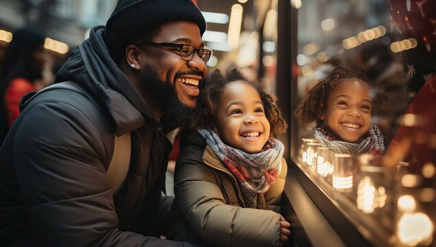 happy african american family in eyeglasses looking at window at christmas market