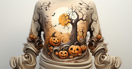women's vintage & halloween jack o lantern sweatshirt, in the style of whimsical doodles, light beige and bronze, tivadar csontváry kosztka, flickr, twisted branches, photobash, contest winner