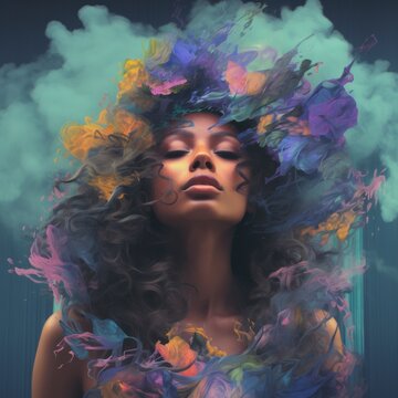 Creativity, Creative Mind, Imagination, Thinking woman, creating in her mind, conjuring up, imaginary world, artist, bold colours, smoke and haze, paint daubs, abstract painting, green and purple