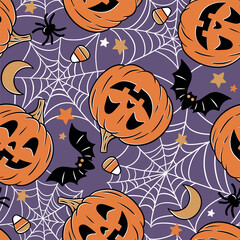 Hand drawn seamless vector pattern with vintage Halloween pumpkin, bat, spider, spider web, moon and stars. Perfect for textile, wallpaper or print design.