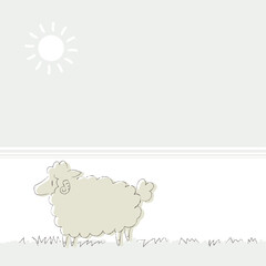 晴れた草原を背景にシンプルでラフなタッチで描かれたかわいい羊が走っている手描きベクターイラスト枠