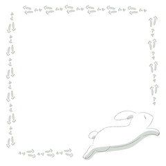 兎の足跡を装飾した枠と飛び跳ねる兎を手書きでシンプルなタッチで描いた四角い枠