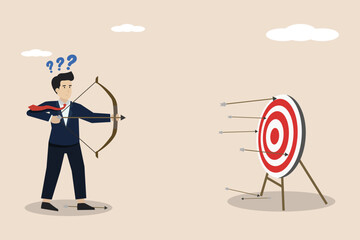 Missed predictions, business failure, failed businessman concept, failed prediction design, failed businessman aiming at target with arrow. Successful businessman illustration.