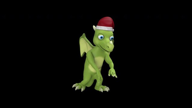 Green dragon in new year Santa hat dance - 3d render looped with alpha channel.
