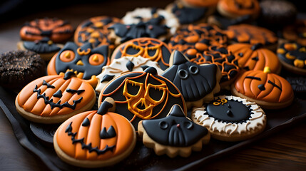 close up of Homemade pumpkin and spiderweb, ghost pattern cookies for Halloween arranged on a plate.